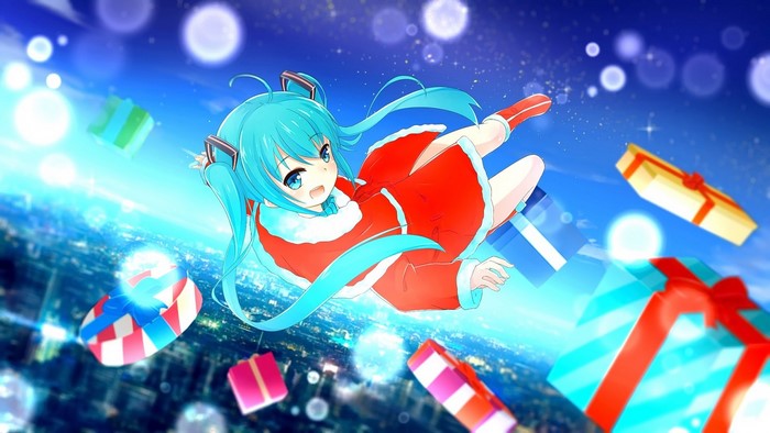 Hatsune Miku in Santa Outfit Falling with Presents