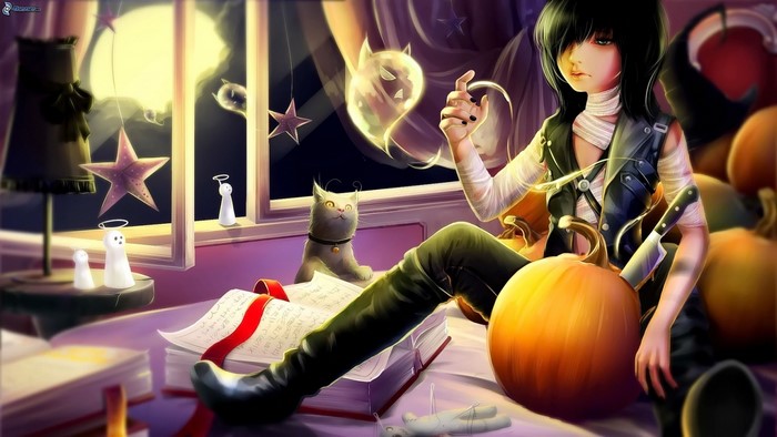 Anime girl with pumpkins and Halloween decorations