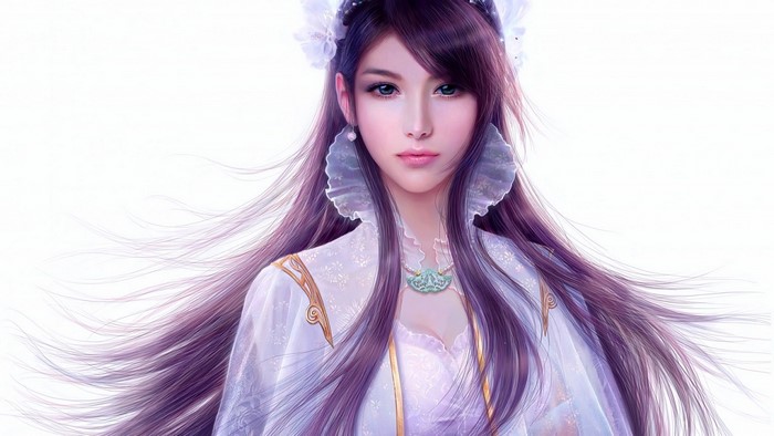 Anime girl with long purple hair and white dress