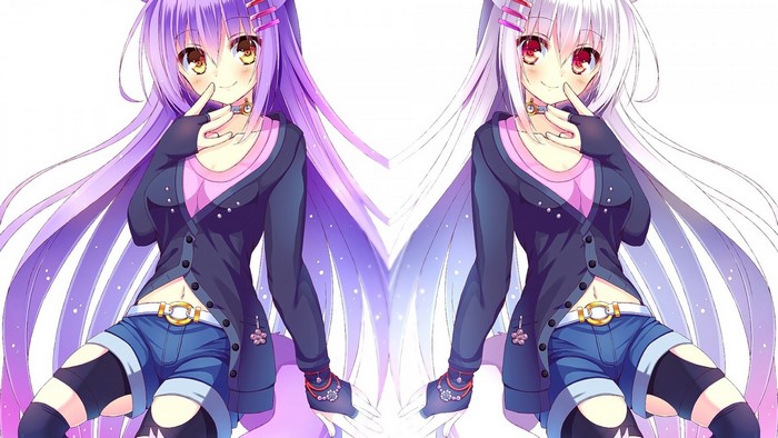 Two anime girls with long purple and white hair