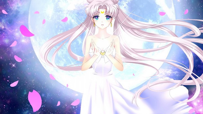 Queen Serenity under the Moon with Flower Petals