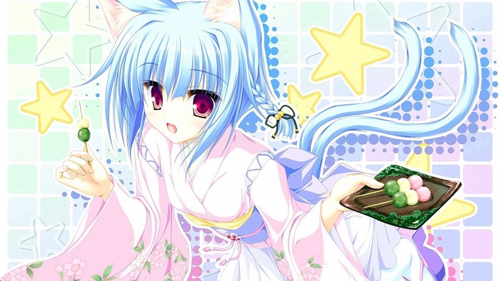 Anime girl with cat ears in kimono eating dango