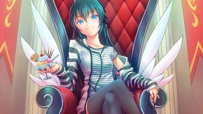 Anime girl with headphones eating ice cream on a throne