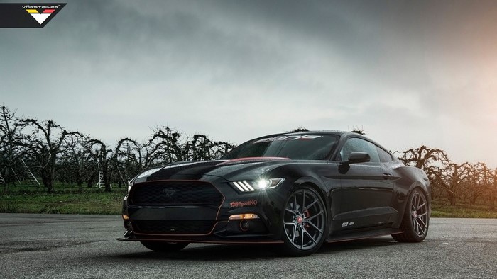 Black Vorsteiner Ford Mustang in an orchard