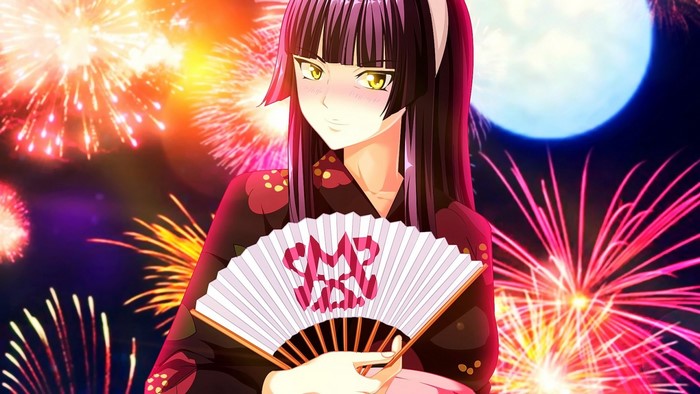 Kagura Mikazuchi from Fairy Tail with a fan and fireworks