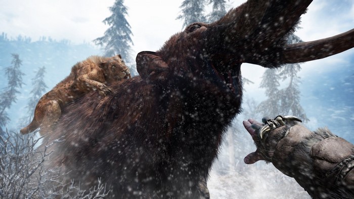 Far Cry Primal: Mammoth attacked by saber-toothed cat and human