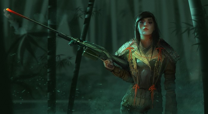 Woman warrior with a rifle in a dark forest