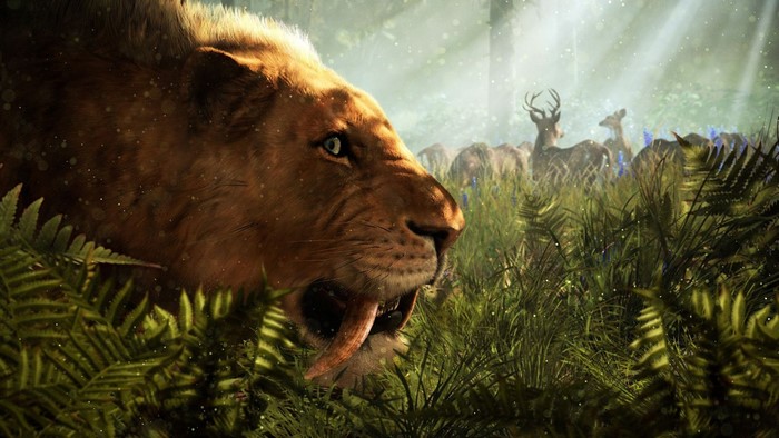 Sabertooth tiger hunting deer in a forest