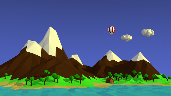 Low poly landscape with mountains, trees, and hot air balloon