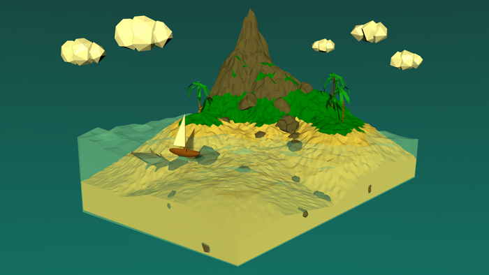 Low poly island with a volcano, palm trees, and a sailboat