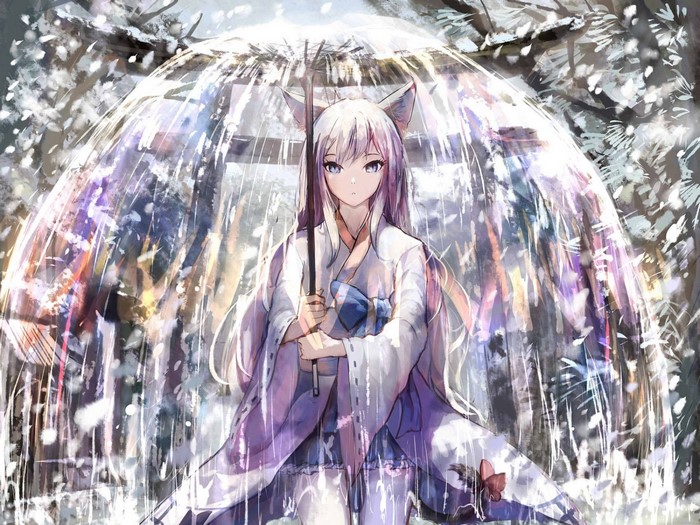 Anime girl with fox ears in kimono holding umbrella in snow