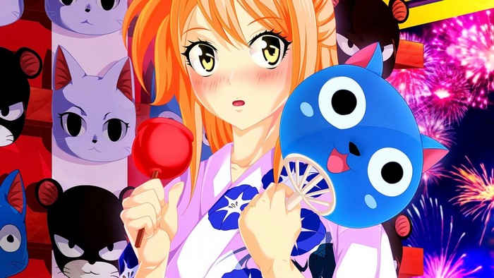 Lucy Heartfilia and Happy from Fairy Tail with masks and fireworks