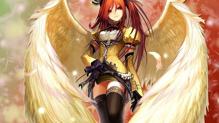 Anime woman with large golden wings and red hair