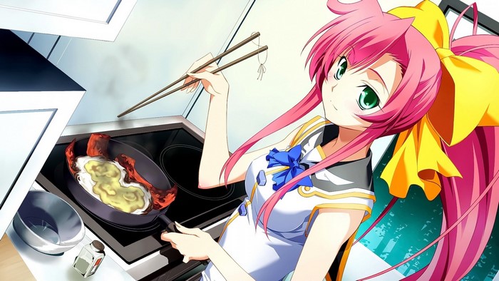 Naki Hayasaka cooking bacon and eggs