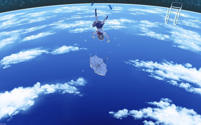 Girl falling from Earth's atmosphere with umbrella