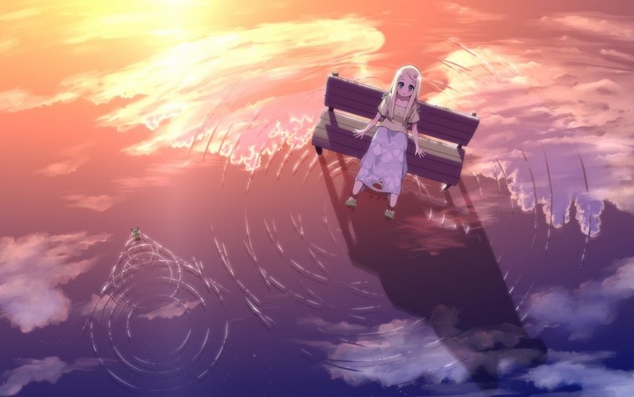 Girl on a bench with frog and sunset sky