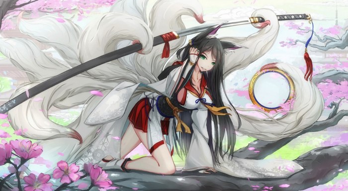 Anime Fox Girl with Katana in Cherry Blossom Setting