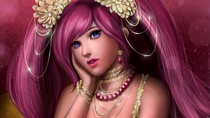 Anime girl with pink hair and blue eyes wearing jewelry