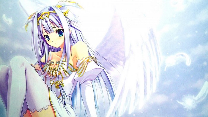 Anime girl with white wings and blue eyes