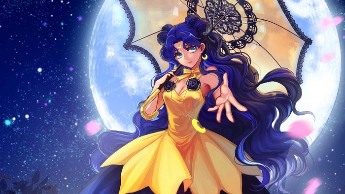 Sailor Moon Anime Girl Under Moonlight with Umbrella