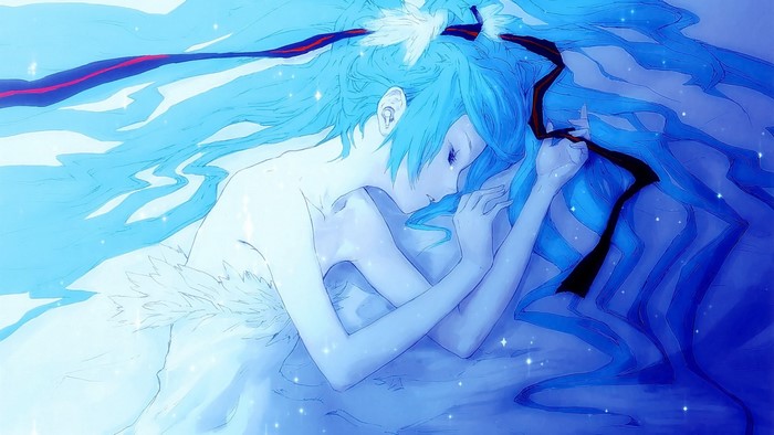 Hatsune Miku sleeping with blue hair