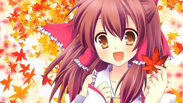 Hakurei Reimu from Touhou holding a maple leaf