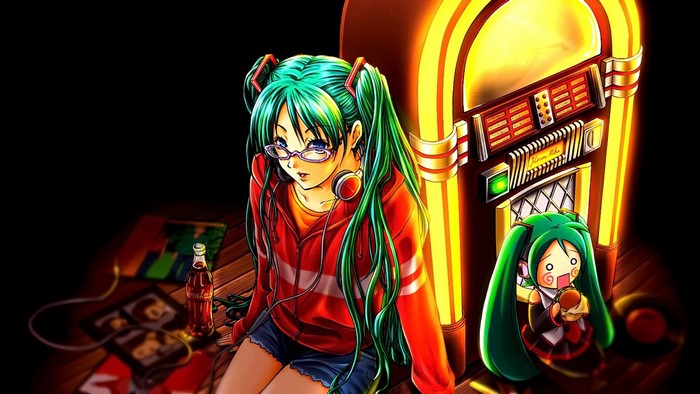 Hatsune Miku and Chibi Miku by a Jukebox