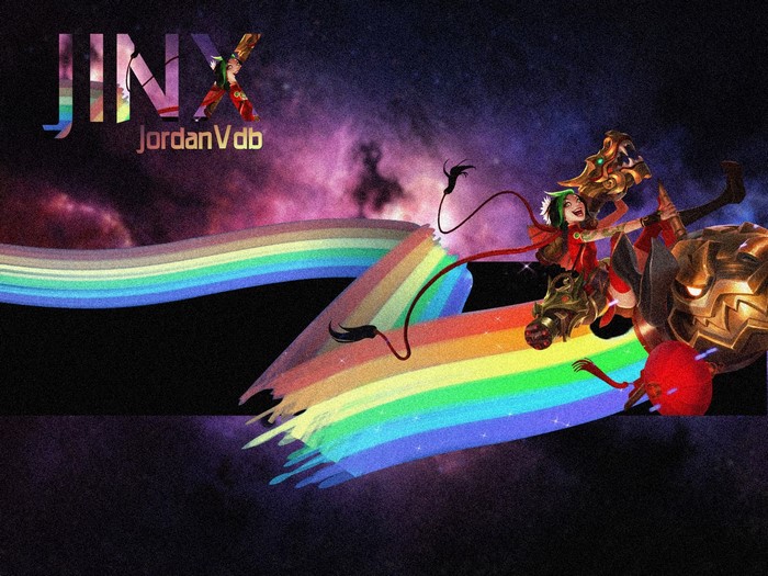 Jinx from League of Legends riding a creature with a rainbow trail