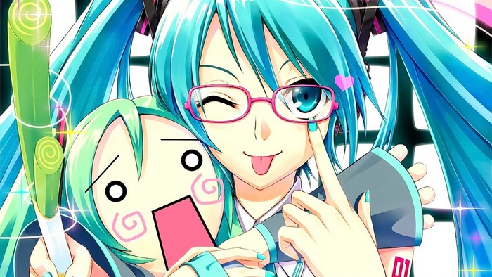 Hatsune Miku with a shocked companion