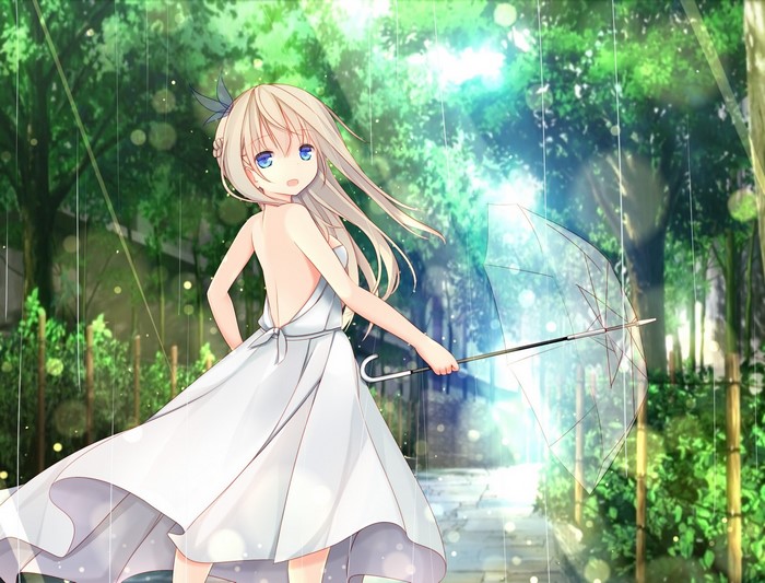 Anime girl in white dress holding umbrella in rain