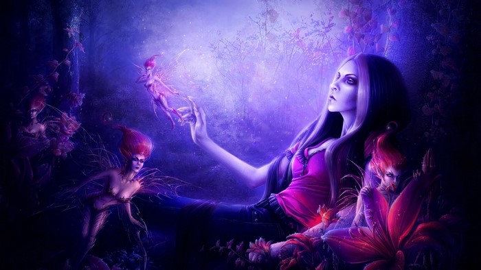 Fairies in a magical forest at midnight