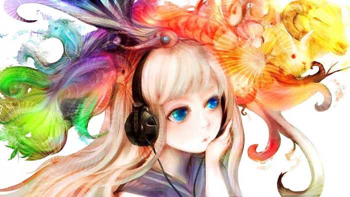 Anime girl with headphones and colorful abstract creatures