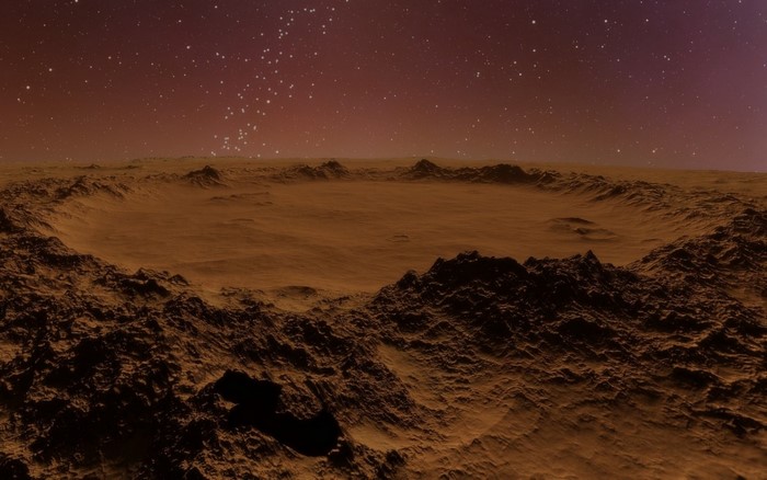Alien planet landscape with crater and stars