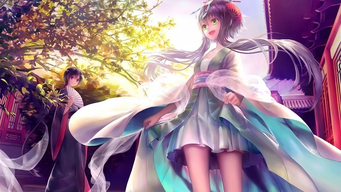 Anime girls in traditional Japanese clothing