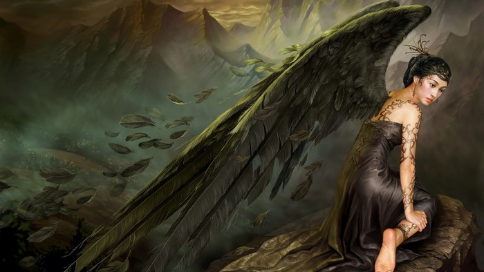 Angel with black wings in a mountainous landscape