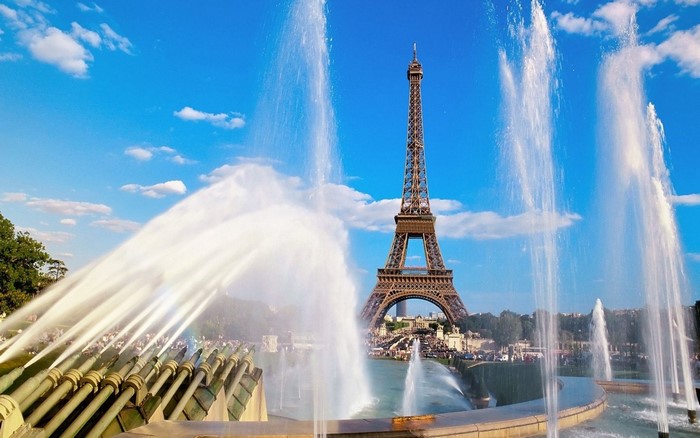 Eiffel Tower with fountains in Paris, France