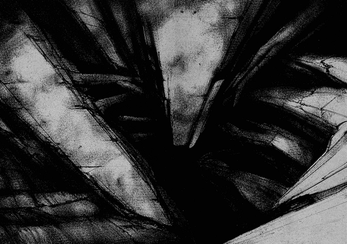 Abstract black and white drawing with sharp lines