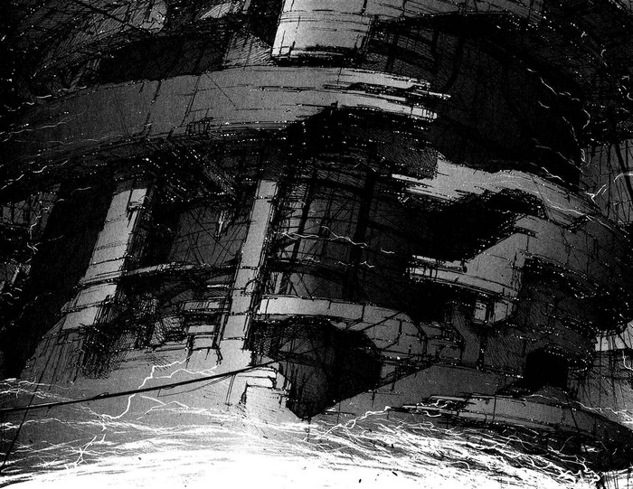 Monochrome drawing of a dark, industrial structure