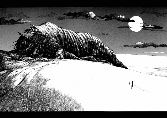 A large creature rests on a snowy landscape under the moon
