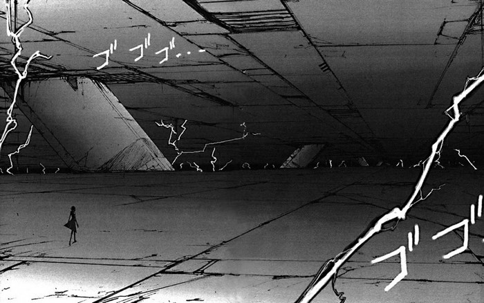Girl in a desolate, futuristic landscape with lightning