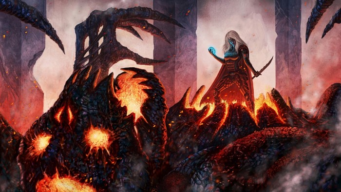 Woman with magic orb and sword near lava monster