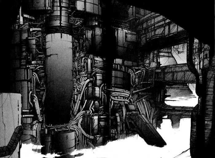 Industrial machinery and pipes in a dark, monochrome drawing