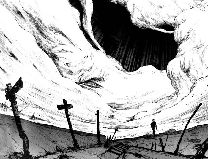 Figure walking through a desolate landscape with crosses