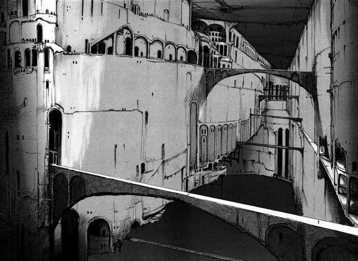Monochrome cityscape with bridges and architecture