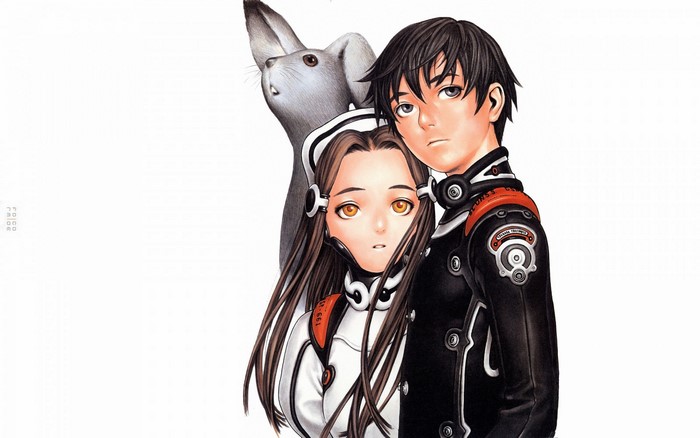 Illustration of two original characters and a rabbit