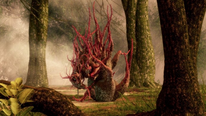 A strange creature with red tentacles in a misty forest