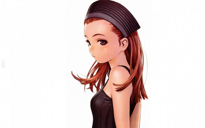 Girl with long auburn hair and black headband