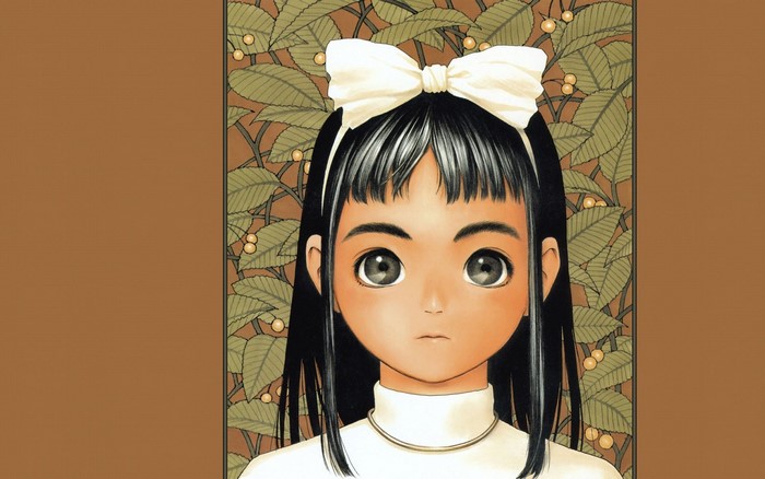 Girl with white bow and floral background