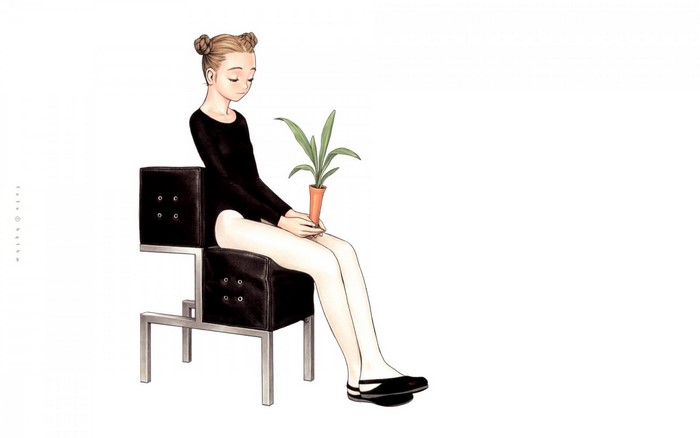 Girl in black leotard holding a plant in a vase