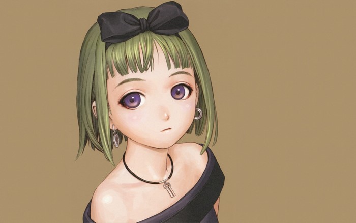 Anime girl with green hair and purple eyes